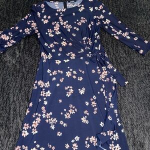 Chaps Navy Floral Tie-Waist Dress with Pink Floral Print